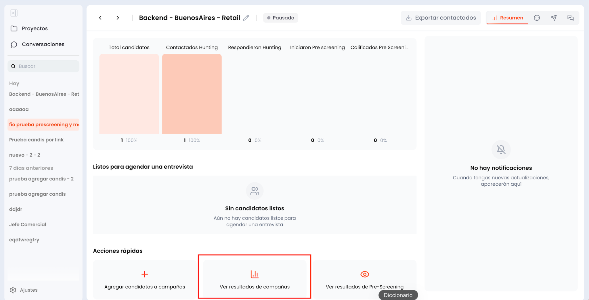 Menú de Acciones rápidas con la opción Ver resultados de campaña