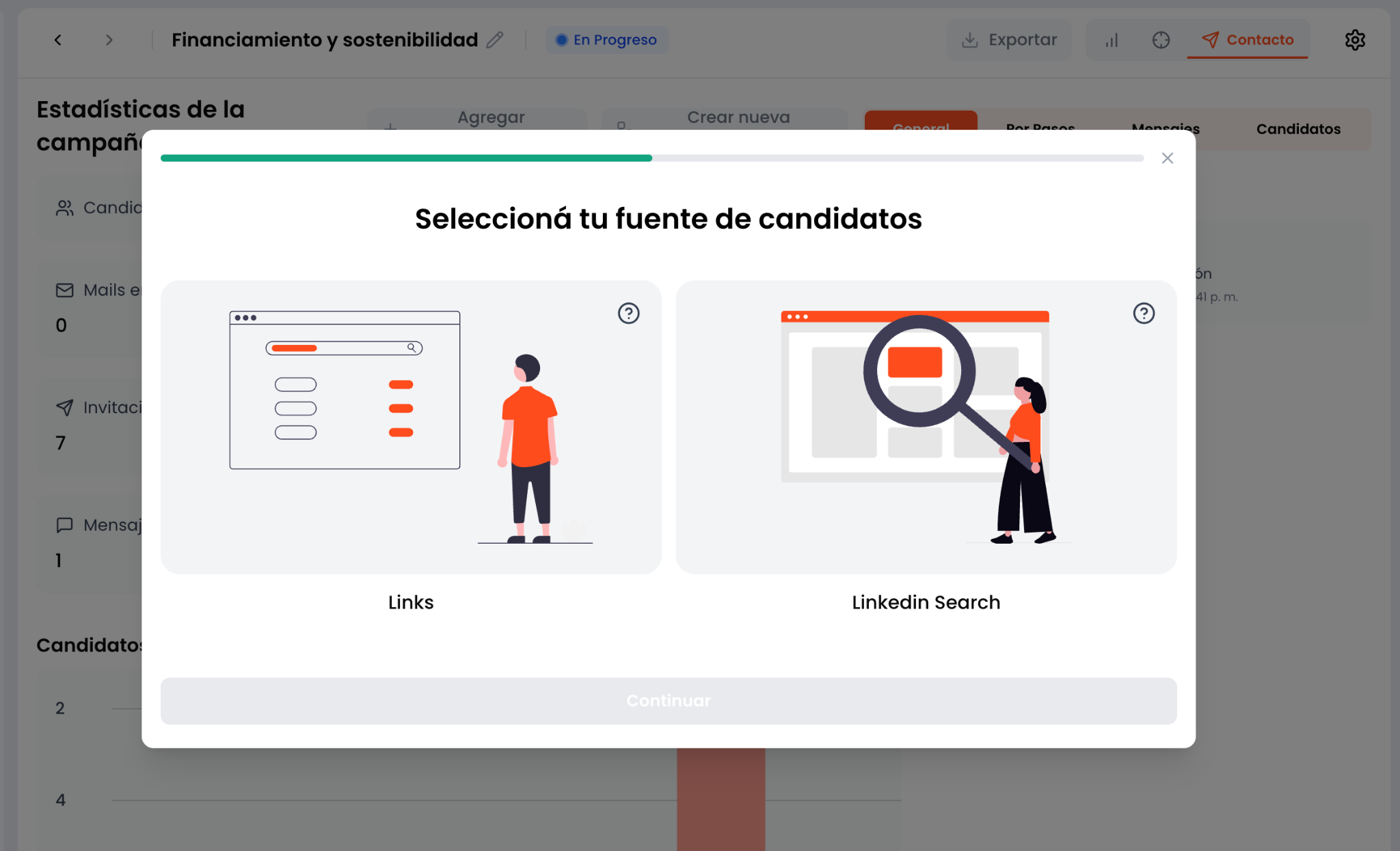 Pop-up para elegir la fuente de los candidatos a agregar: Links o LinkedIn Search