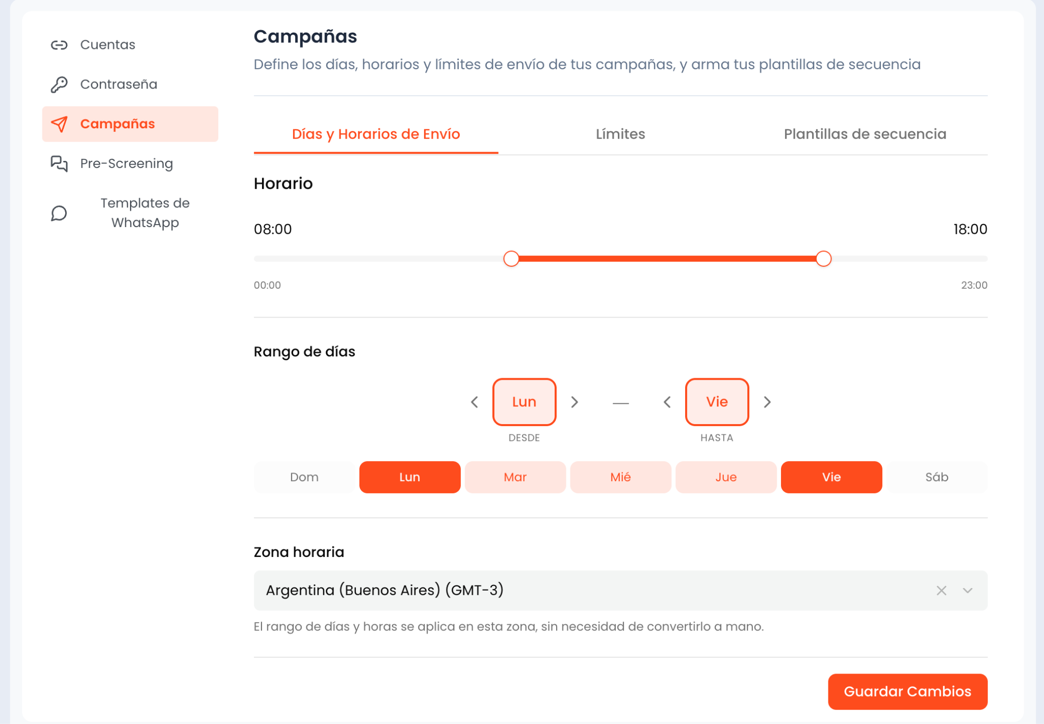 Configuración de días y horarios de envío