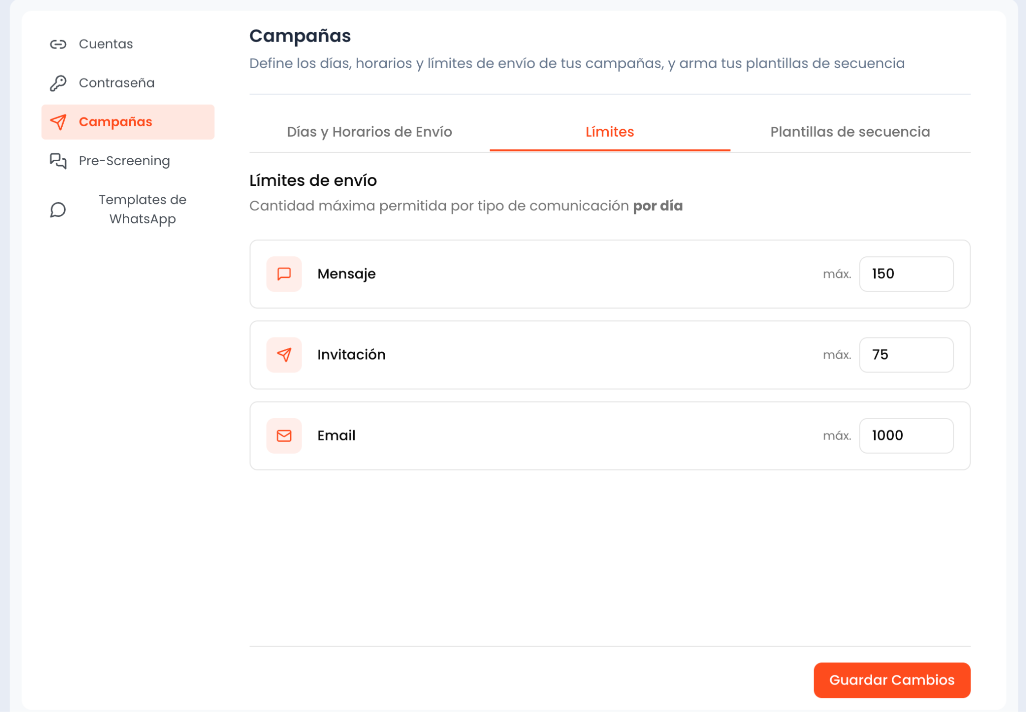 Configuración de límites de envío por canal