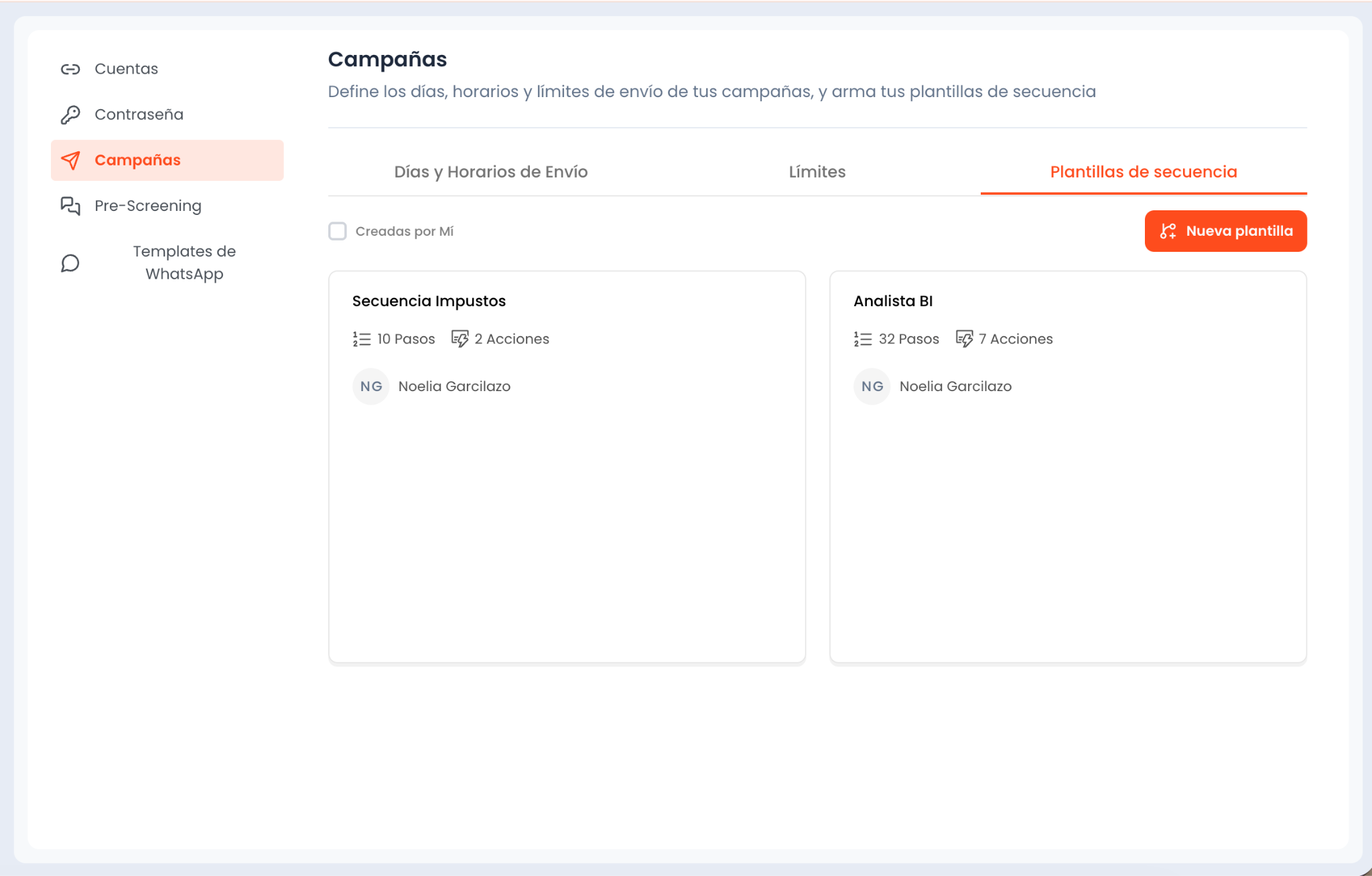 Pestaña Plantillas de secuencia dentro de la configuración de Campañas