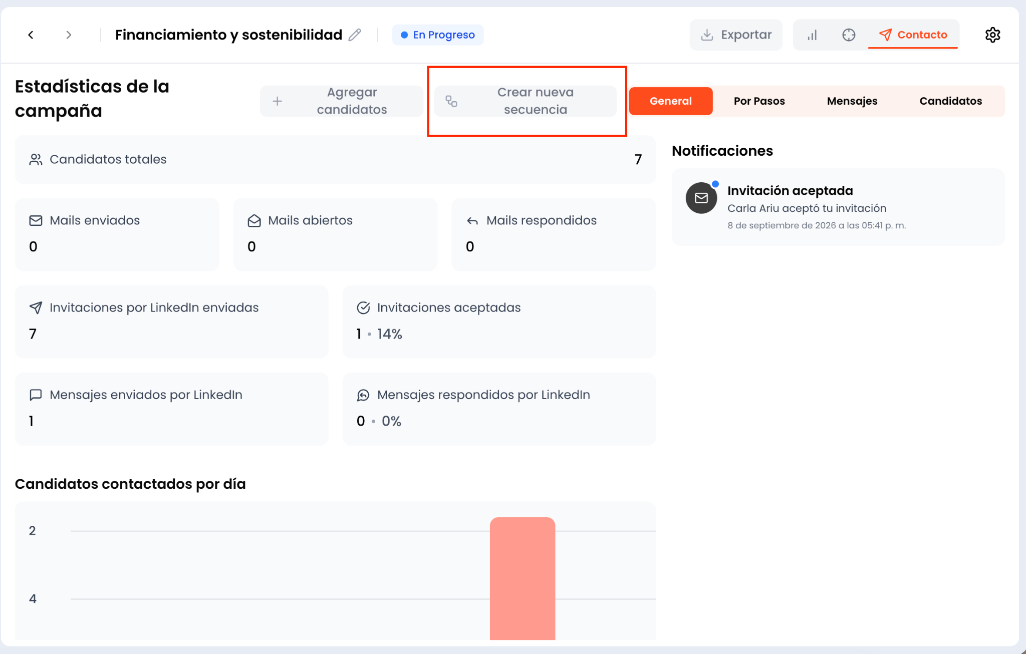 Botón Crear nueva secuencia resaltado en los resultados de la campaña
