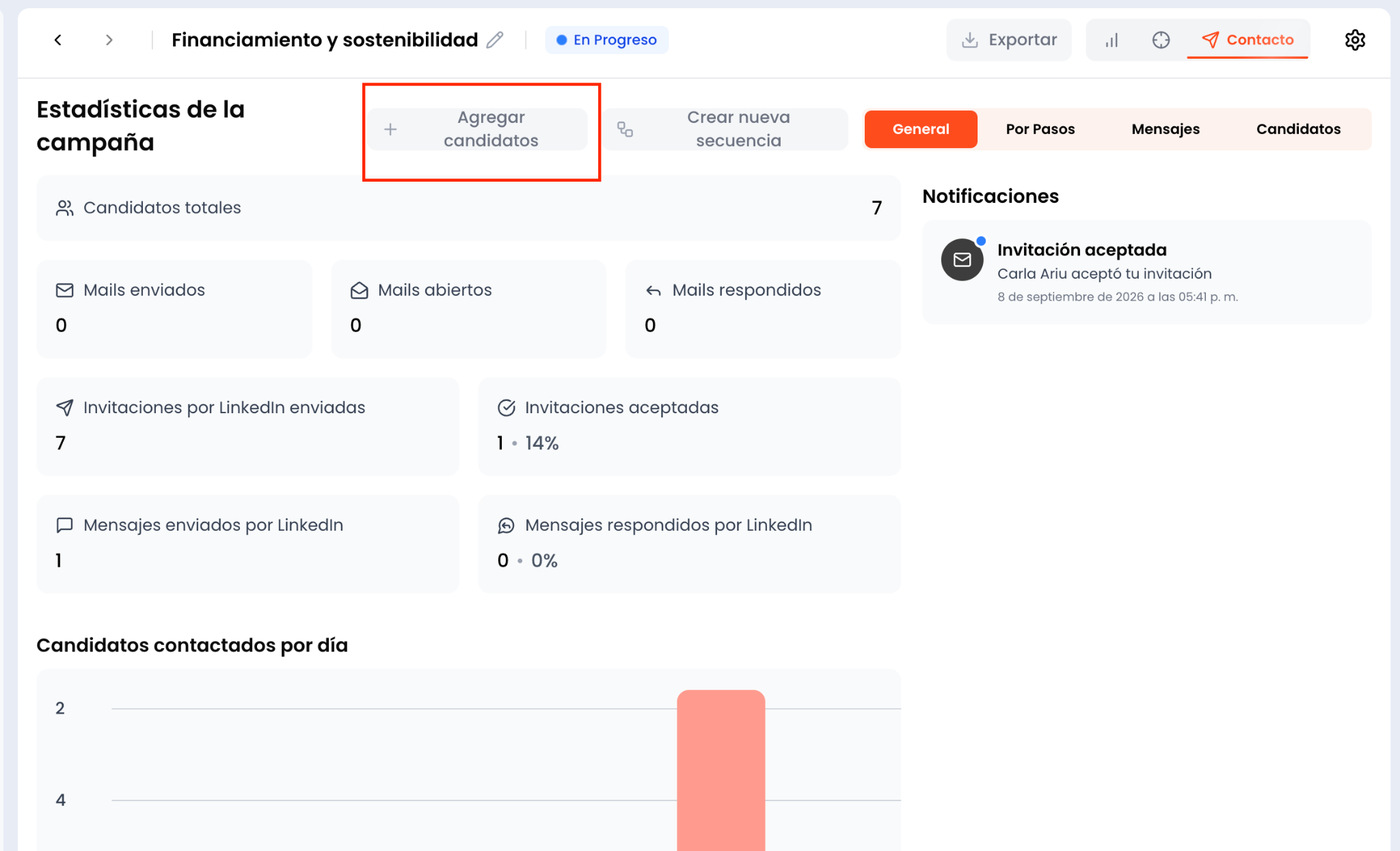 Botones Agregar candidatos y Crear nueva secuencia en los resultados de la campaña
