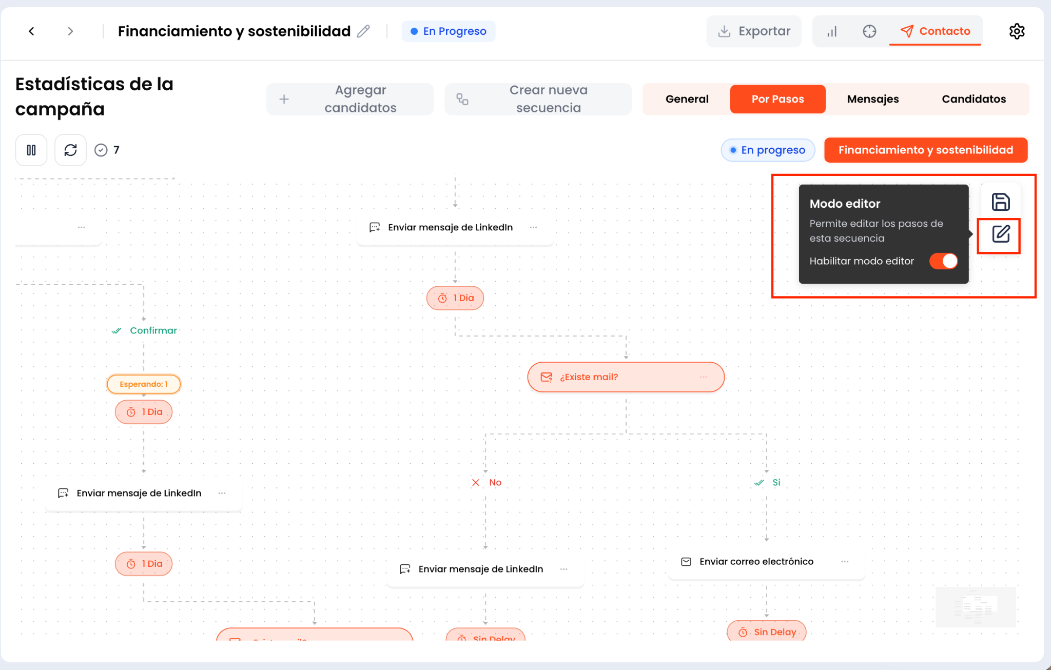 Toggle para habilitar el modo editor de la secuencia