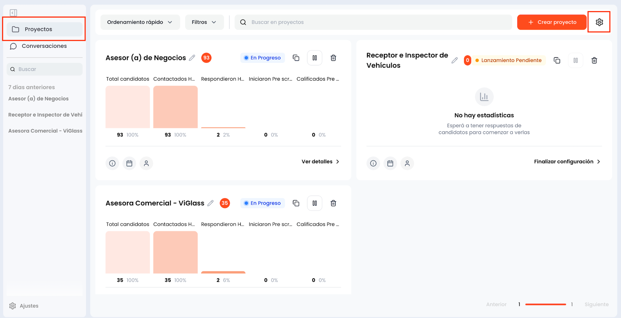Ícono de tuerca de configuración en la vista de Proyectos