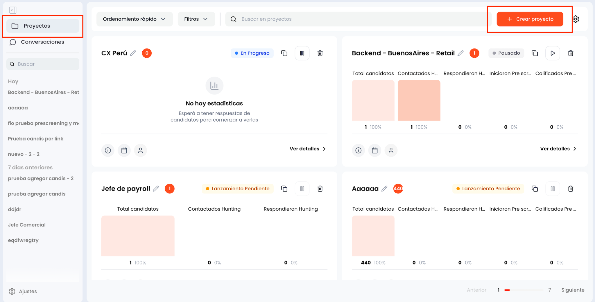 Botón Crear proyecto en la vista de Proyectos