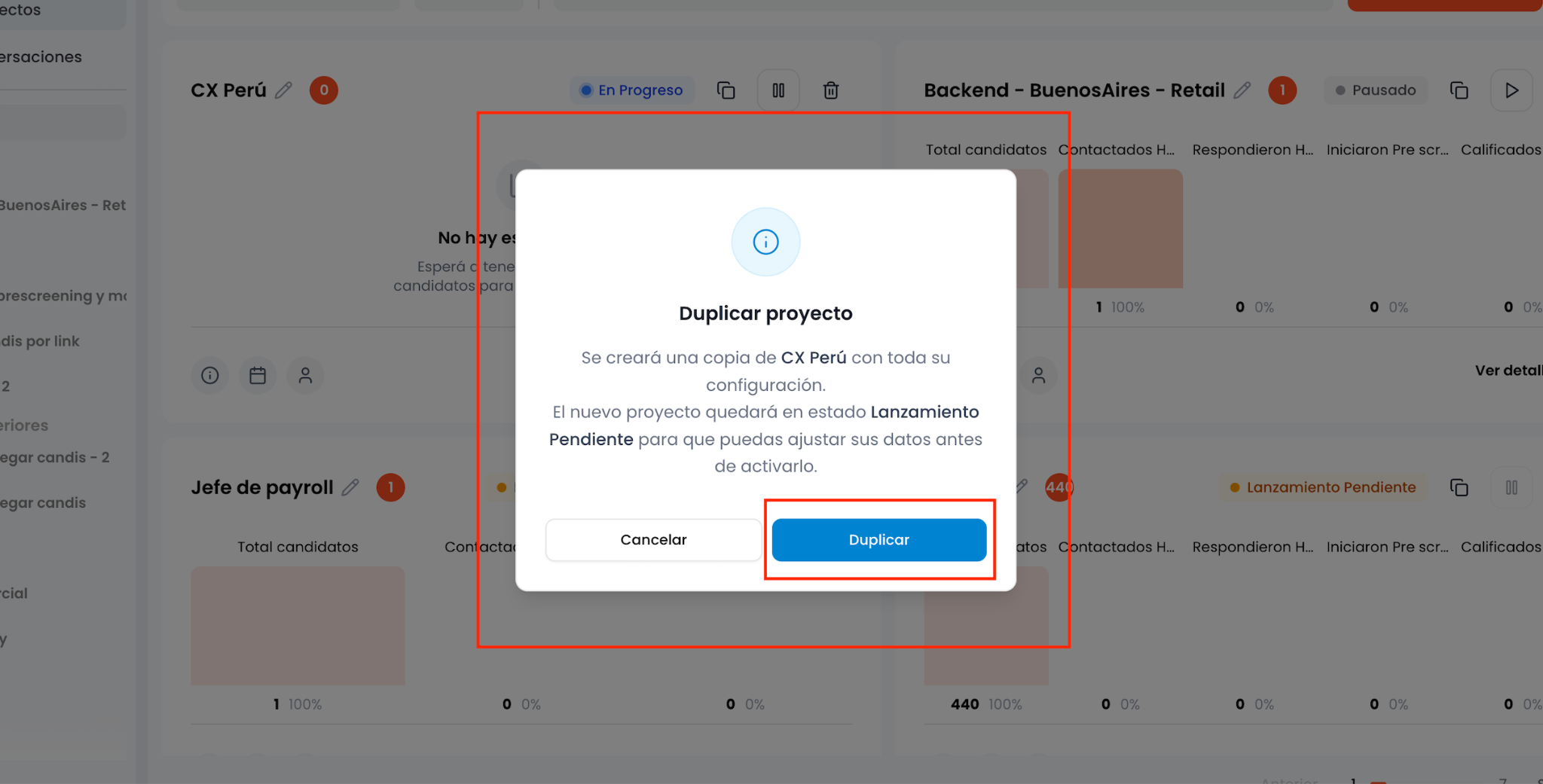 Pop-up de confirmación para duplicar un proyecto