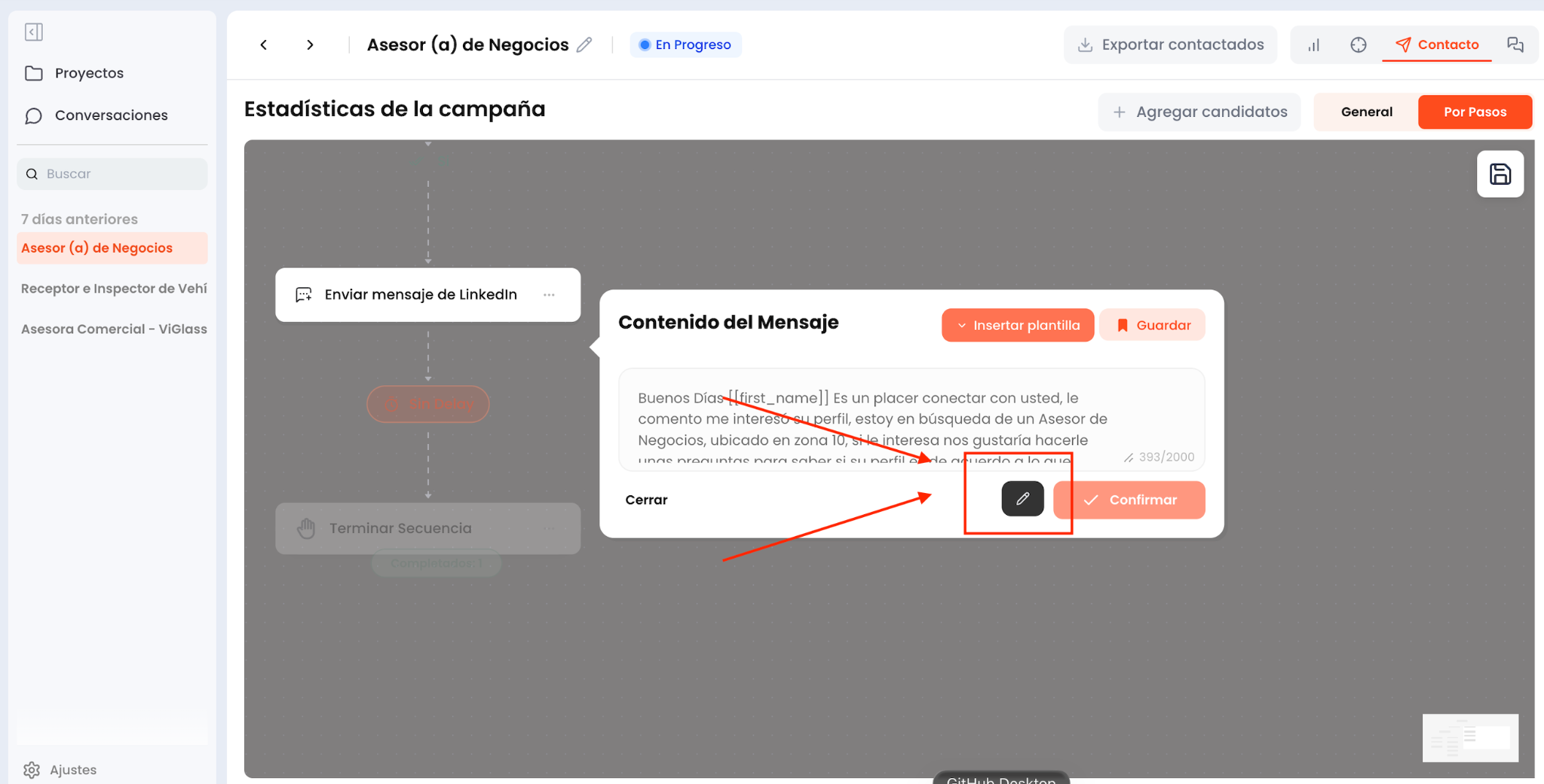 Panel de edición del contenido del mensaje