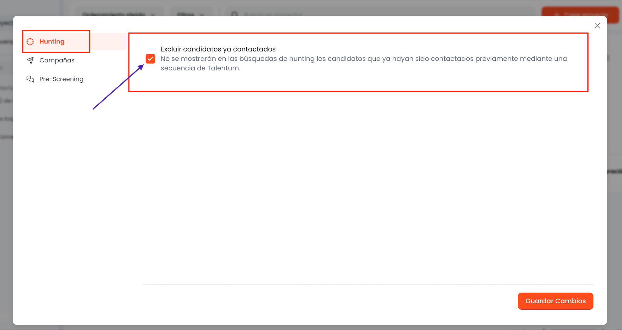Opción Excluir candidatos ya contactados en la configuración de Hunting