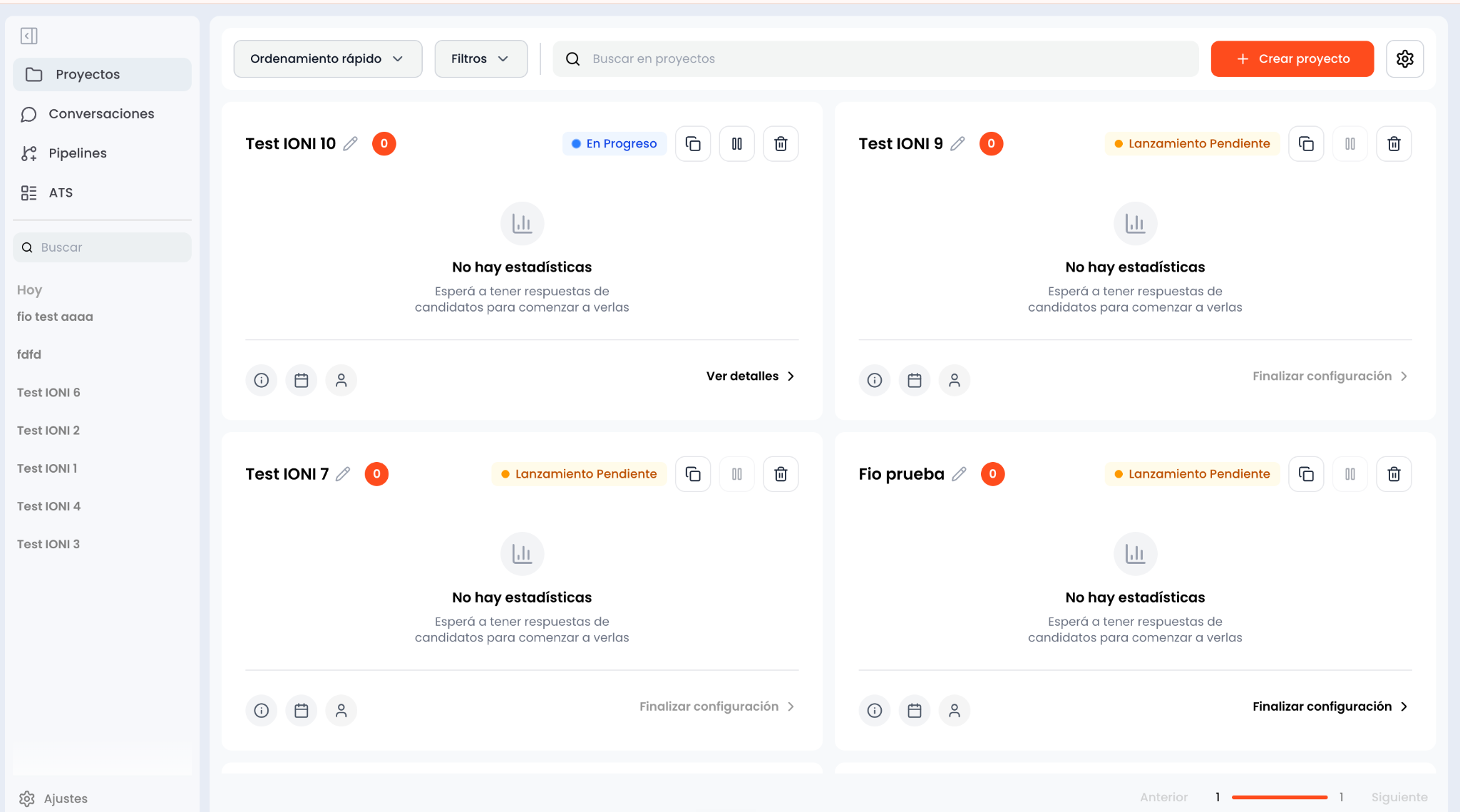 Vista de proyectos con el acceso a la configuración de campañas