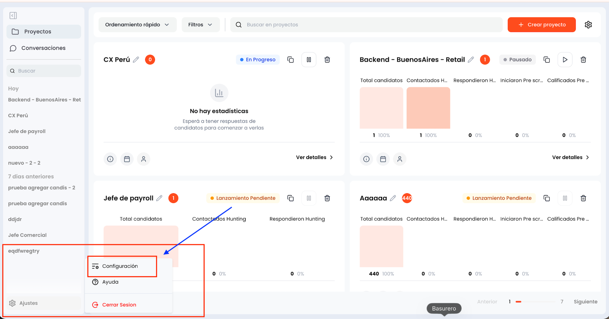 Menú de Ajustes con la opción Configuración resaltada