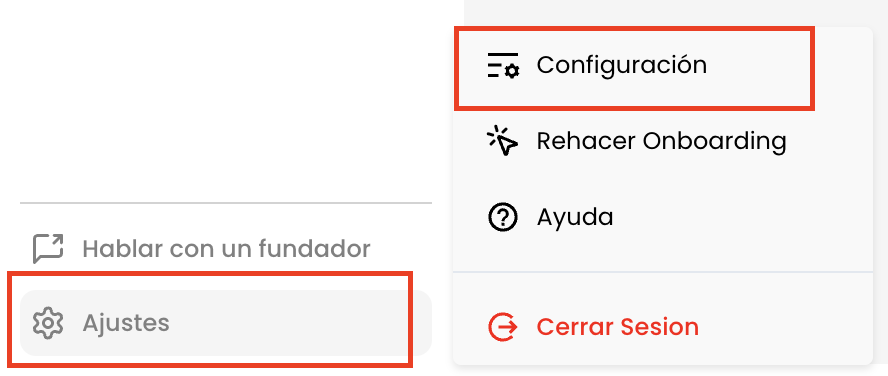 Menú de ajustes y configuración