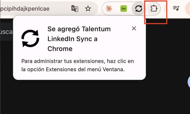 Extensión Talentum LinkedIn Sync instalada en Chrome