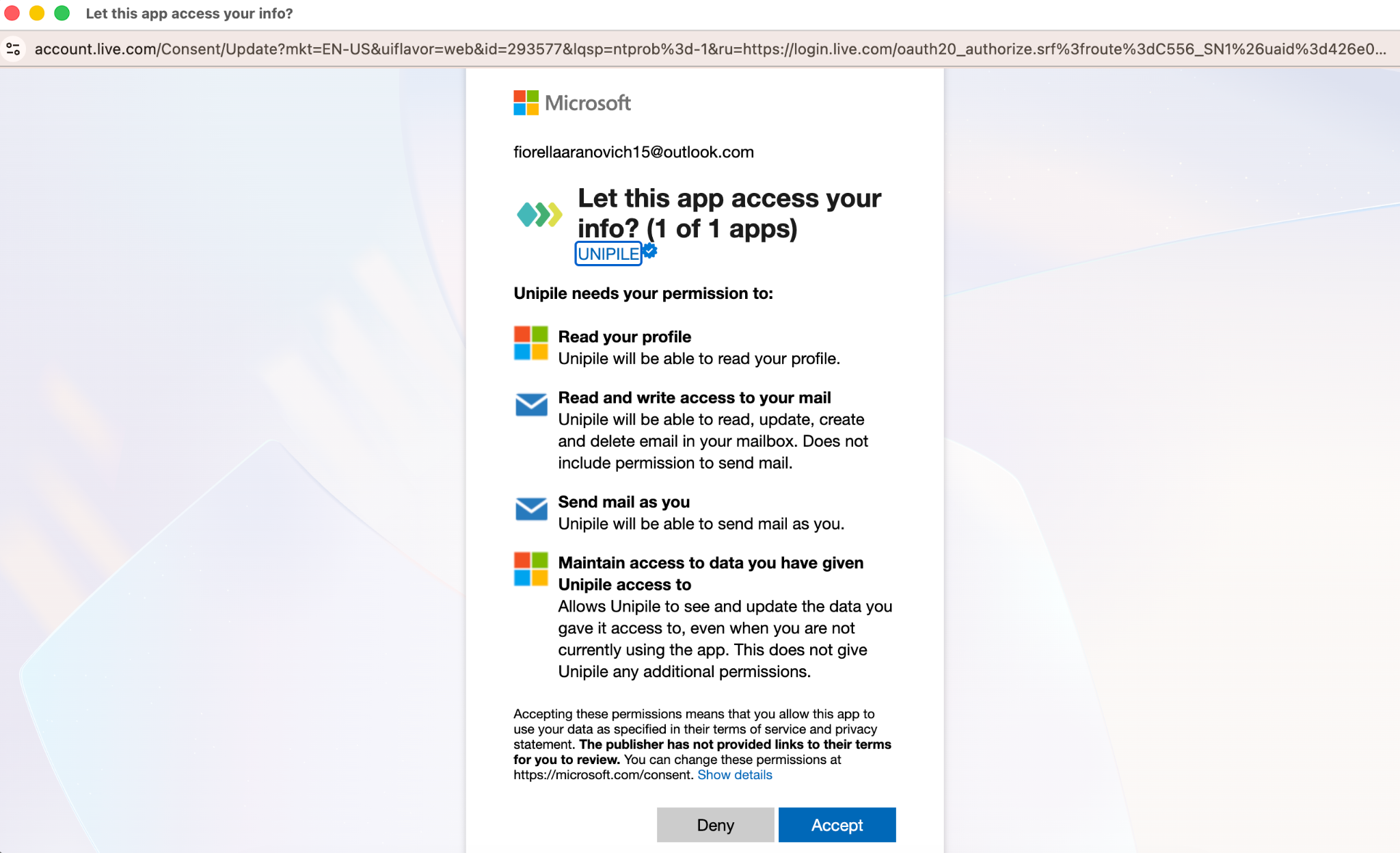 Pantalla de permisos de Microsoft para aceptar el acceso