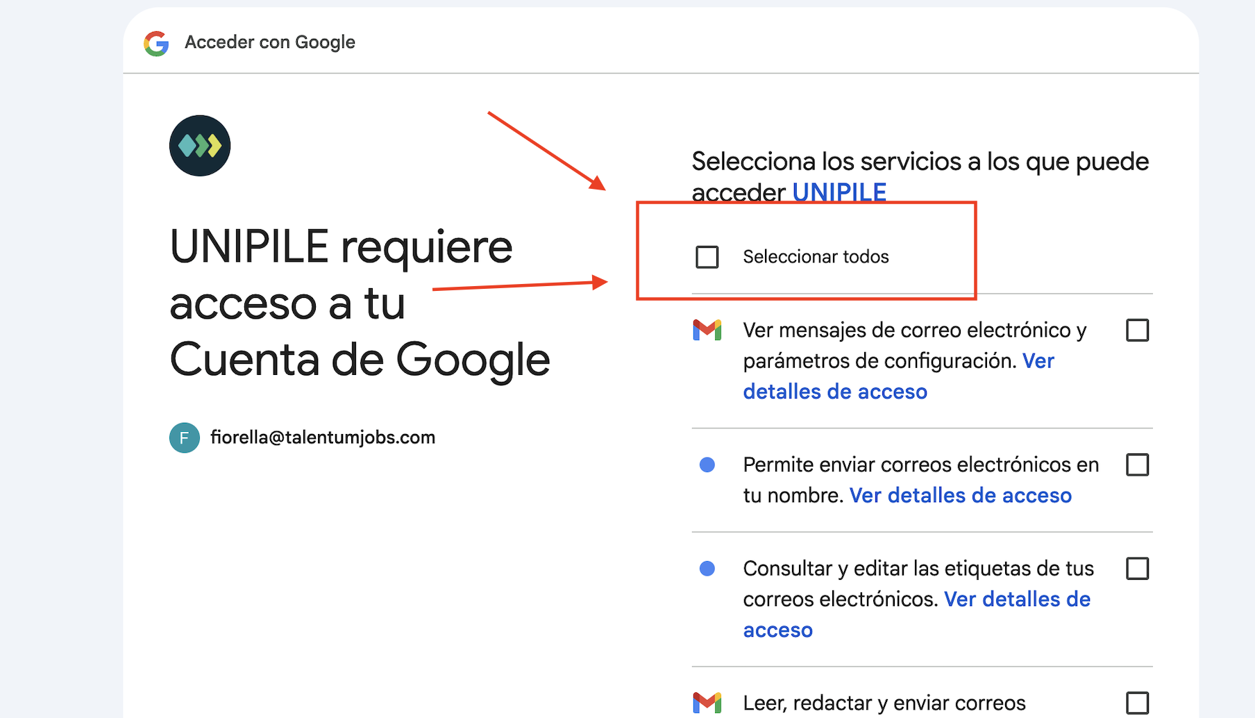Pantalla de permisos de Google con la opción Seleccionar todos resaltada