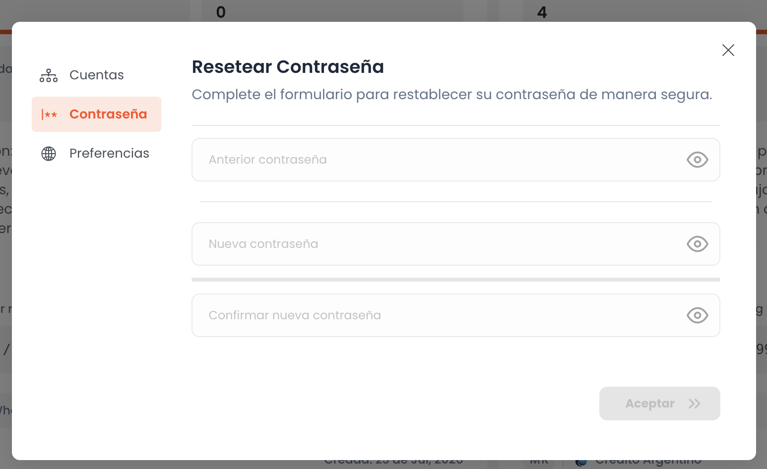 Formulario para resetear la contraseña