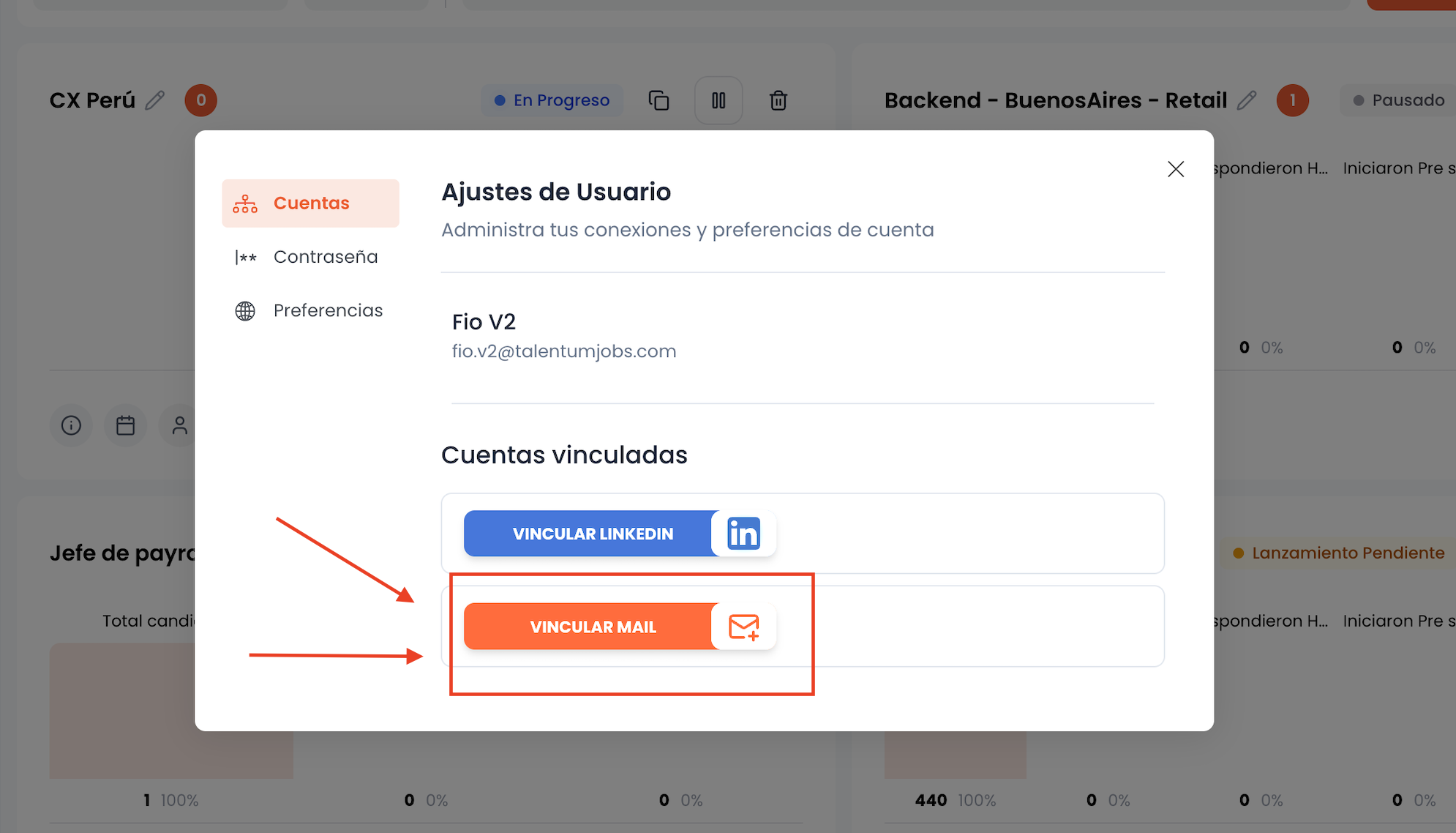Modal de Ajustes de Usuario con el botón Vincular mail resaltado