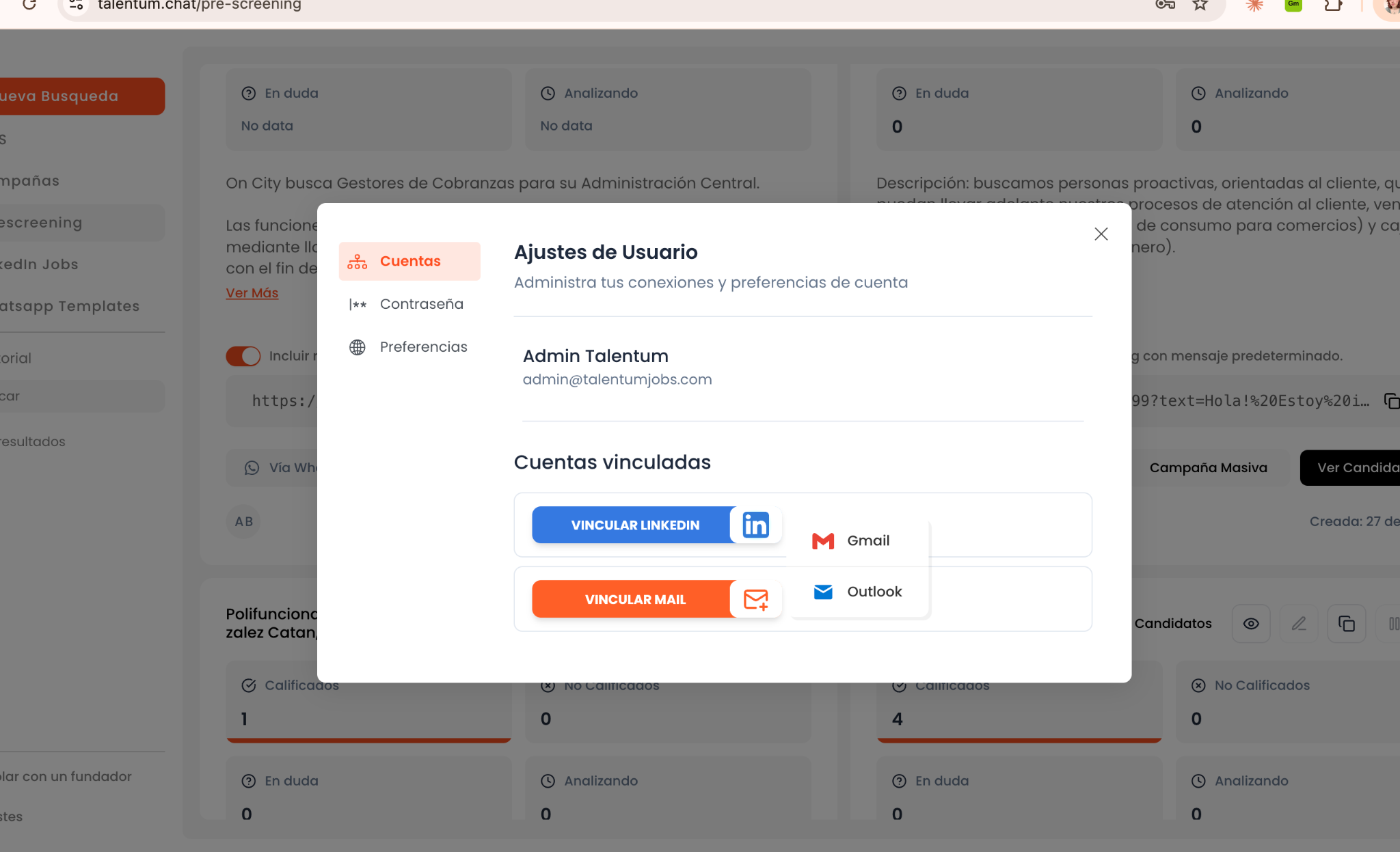 Modal de Ajustes de Usuario con las opciones de Gmail y Outlook al vincular mail