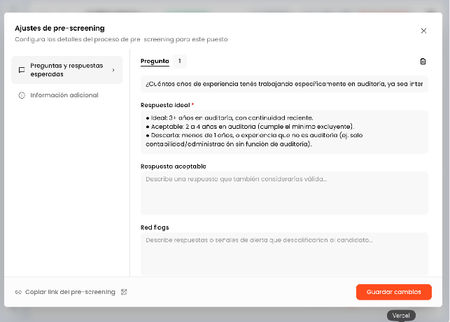 Panel de ajustes de pre-screening con la opción de copiar el link