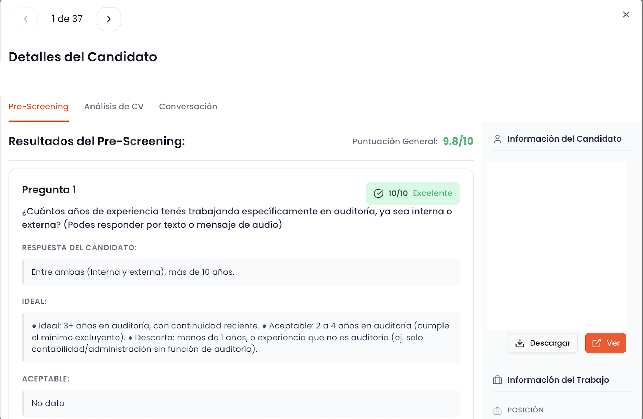 Panel de detalle del candidato con los botones Descargar y Ver el CV