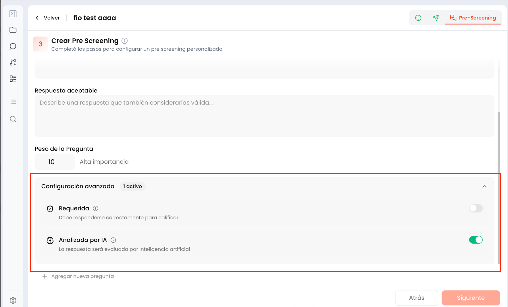 Configuración avanzada de la pregunta