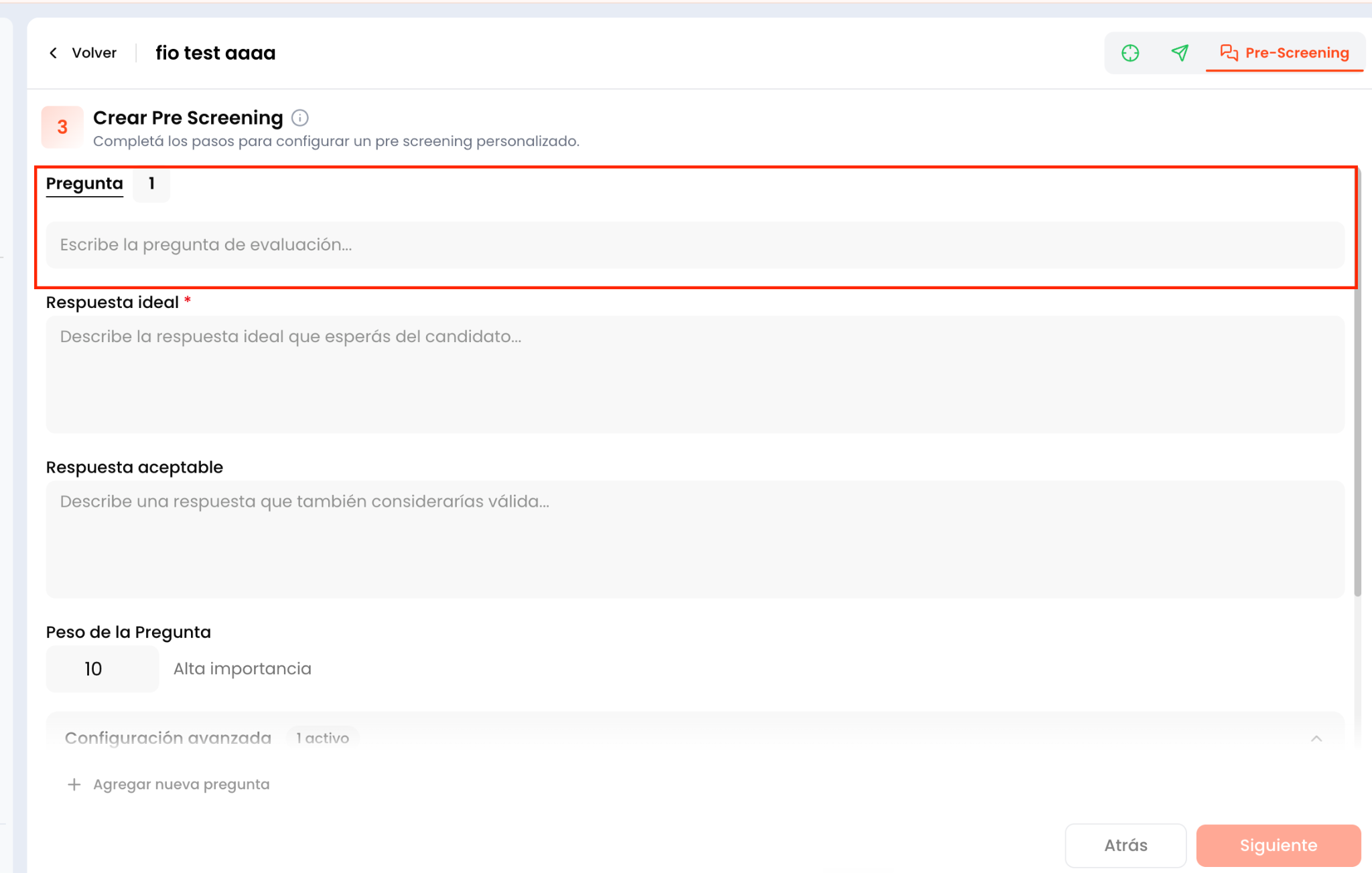 Configurar una pregunta de prescreening