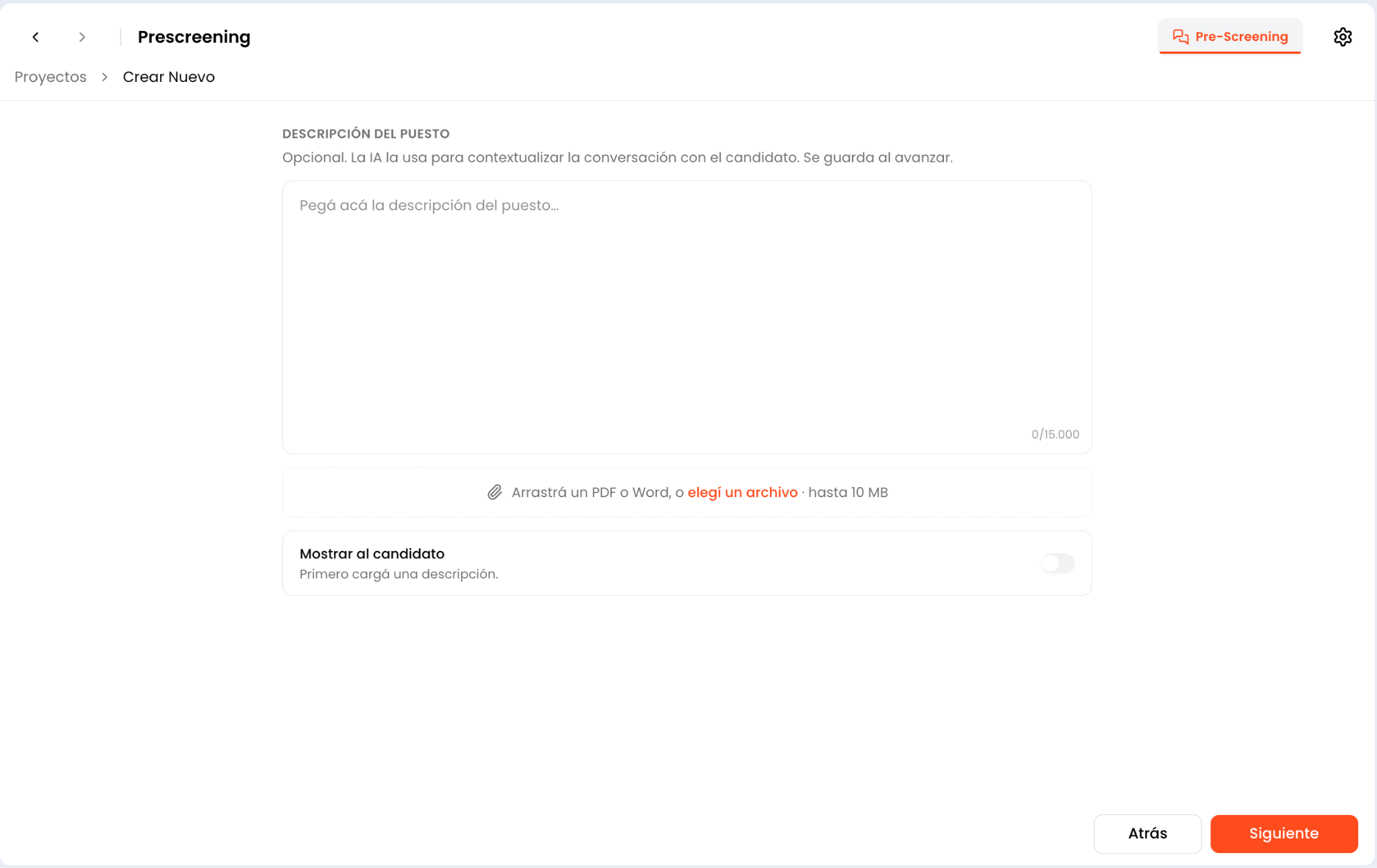 Campo para adjuntar la descripción del puesto