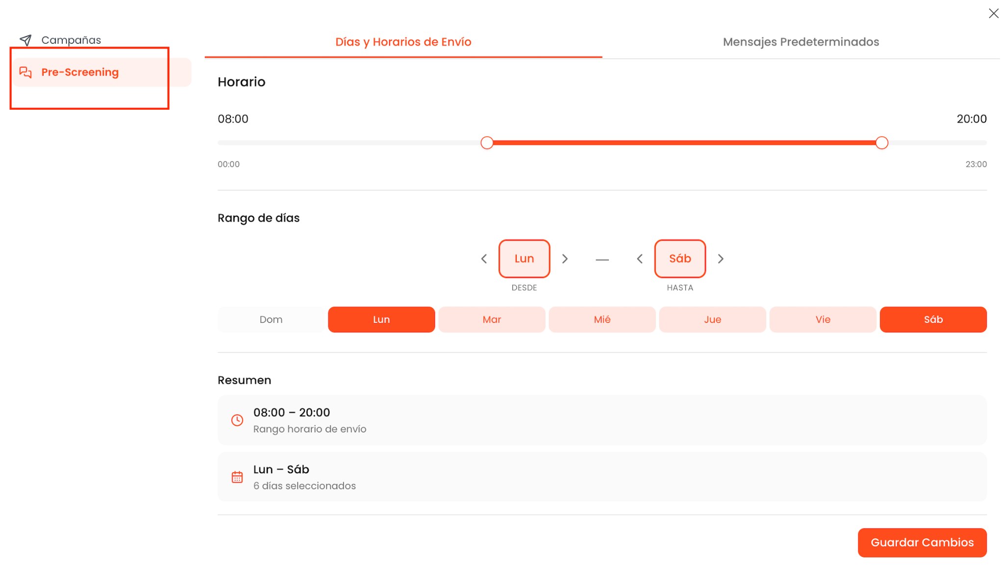 Configuración de días y horarios de envío del prescreening