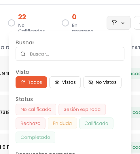 Panel de filtros con las seis etiquetas de status