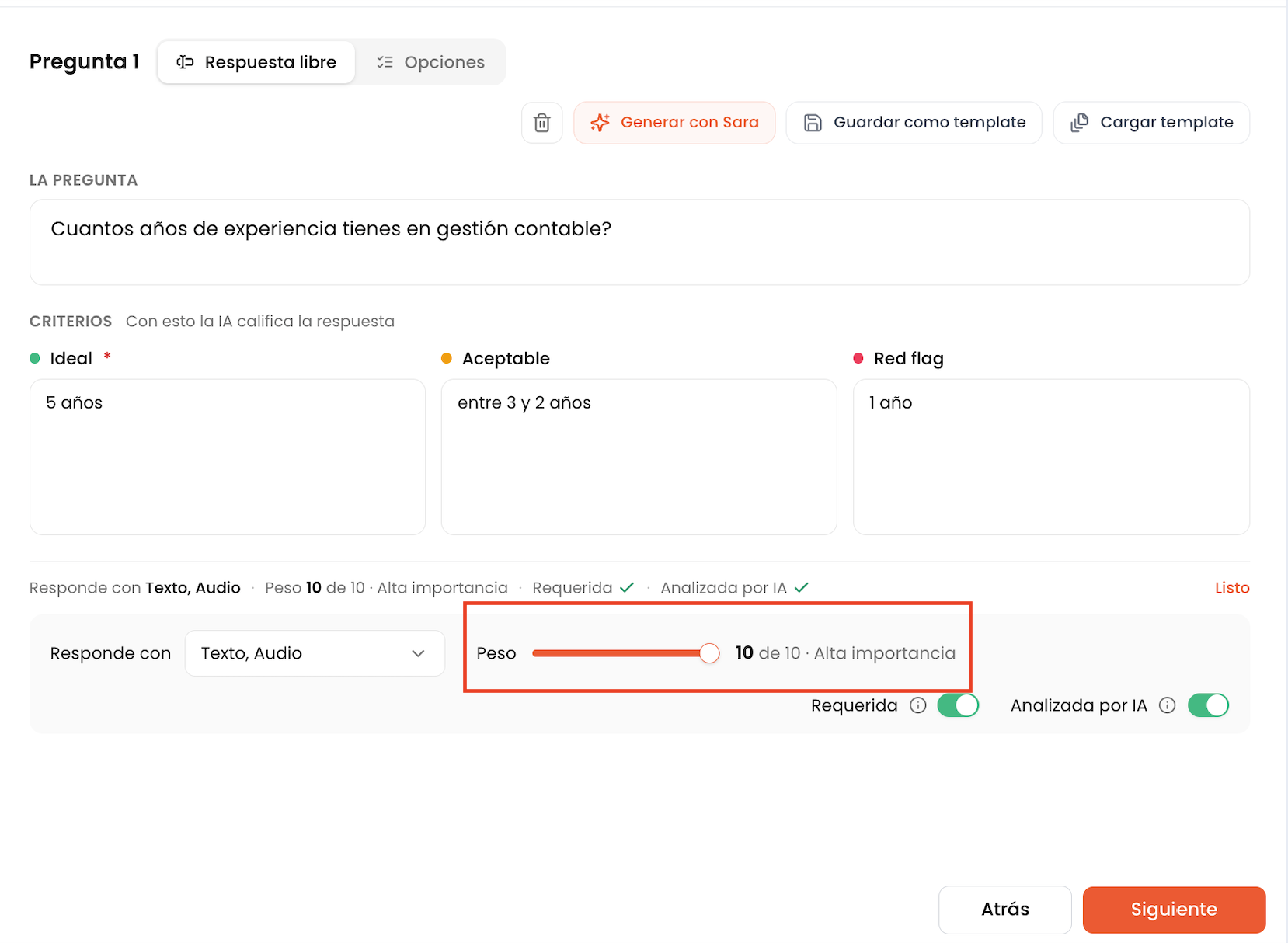 Control deslizante para ajustar el peso de la pregunta
