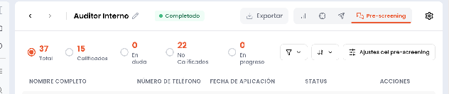Barra de herramientas superior con el botón Ajustes del pre-screening