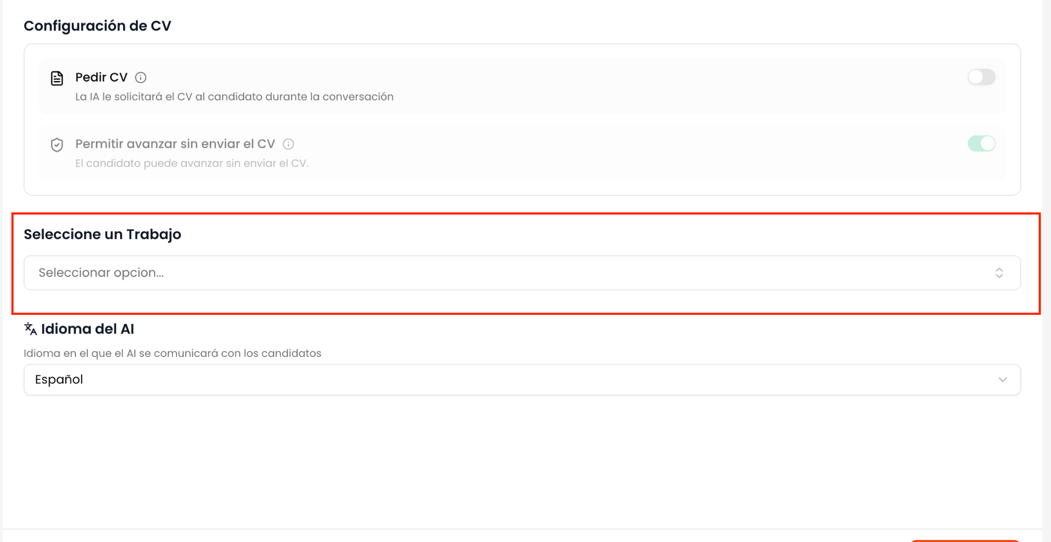 Vincular el prescreening seleccionando un trabajo del ATS