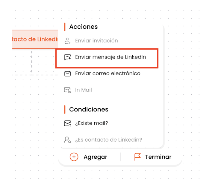 Menú de acciones: enviar mensaje de LinkedIn