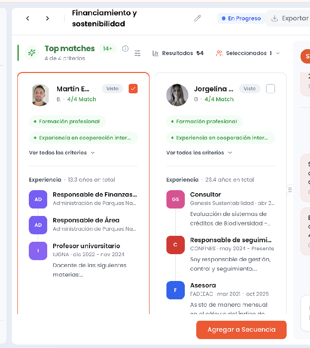 Candidatos seleccionados con el botón Agregar a Secuencia