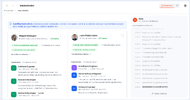 Lista de candidatos encontrados mientras el chat con Sara está bloqueado