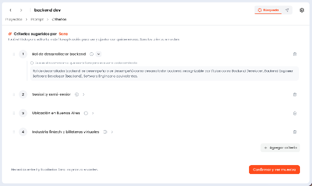 Lista de criterios sugeridos por Sara, con título y razonamiento