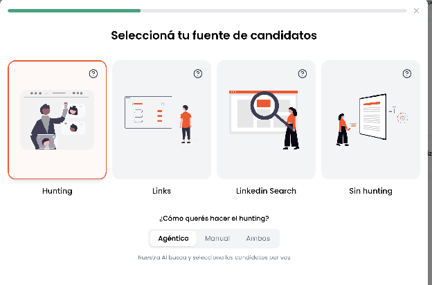 Pop-up para seleccionar la fuente de candidatos, con las opciones Hunting, Links, LinkedIn Search y Sin hunting