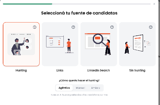 Selección de la fuente de candidatos, con Hunting y la modalidad Agéntico