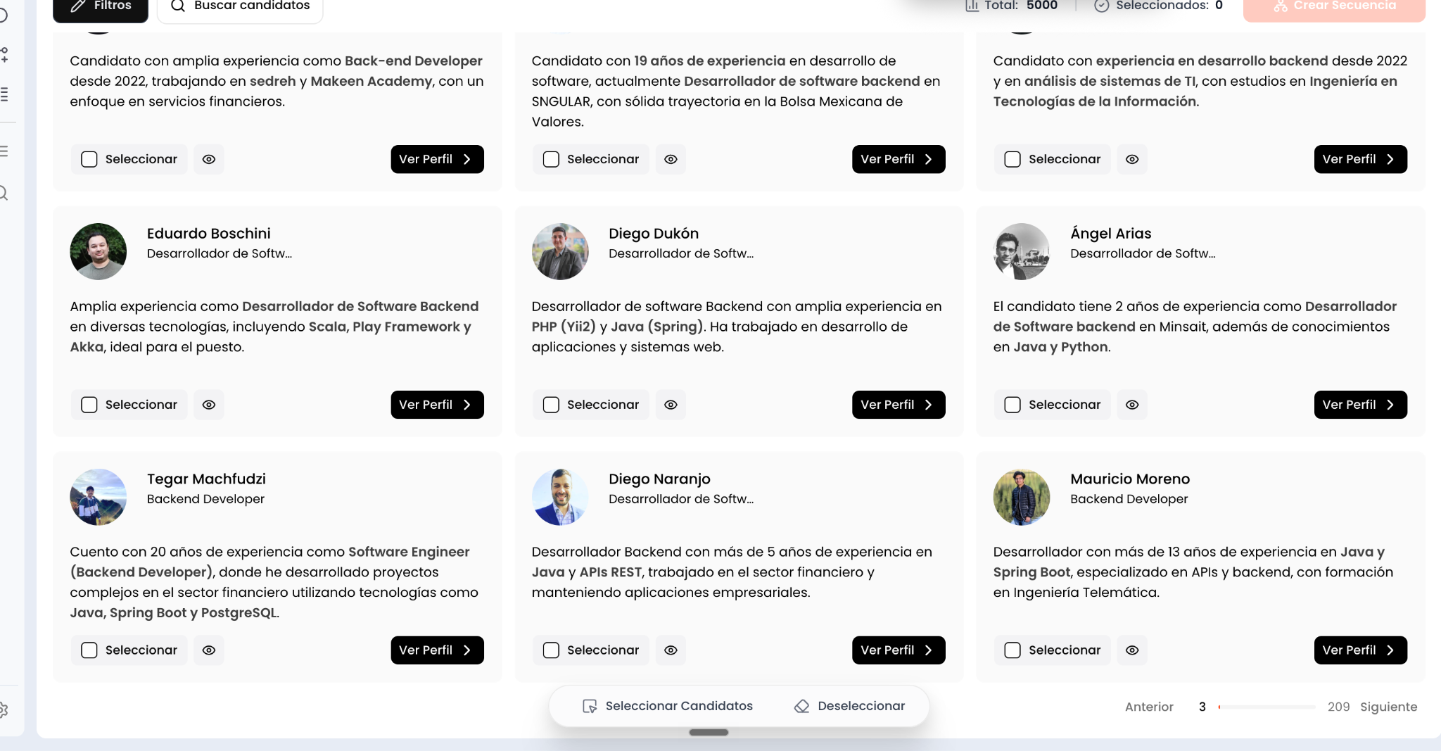 Selección de candidatos en la lista de resultados